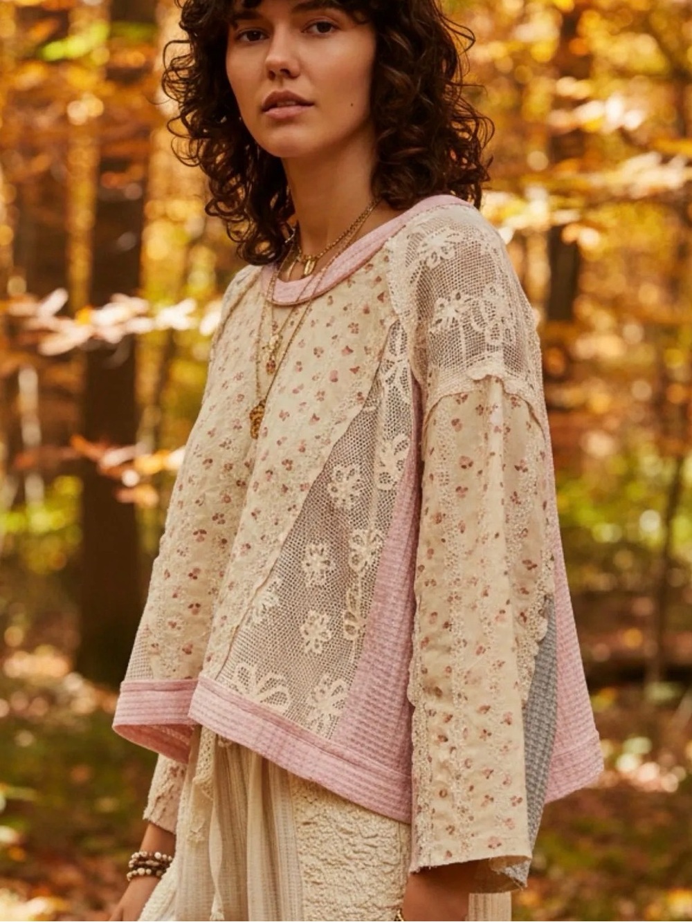 POL Pink Beige Floral Lace Patchwork Boho Cottagecore Top Size M Oversized